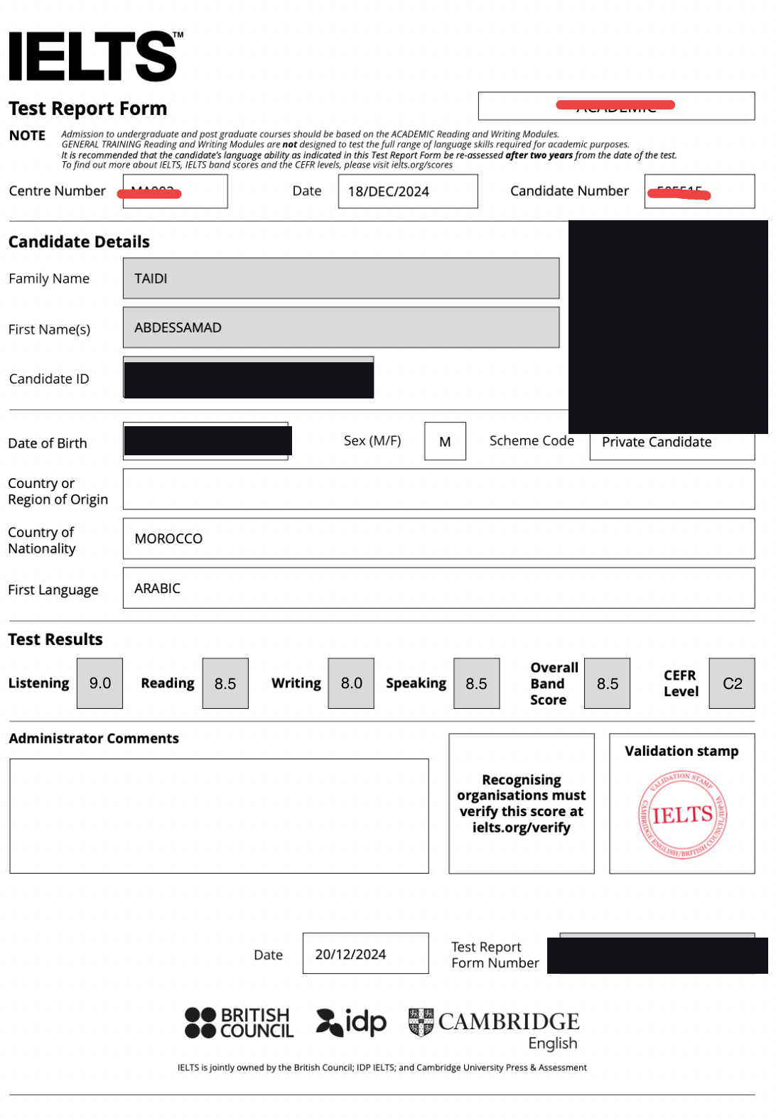 IELTS Test Report Form — Abdessamad Taidi, Overall Band 8.5, CEFR C2