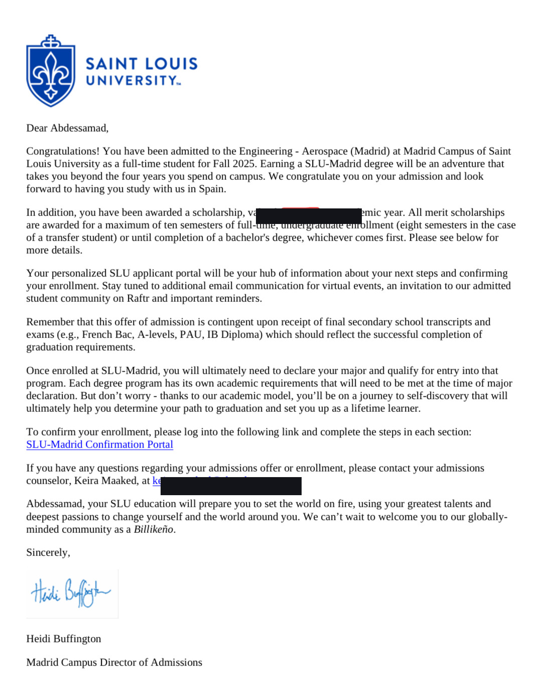 Saint Louis University admission letter — Engineering Aerospace, Madrid